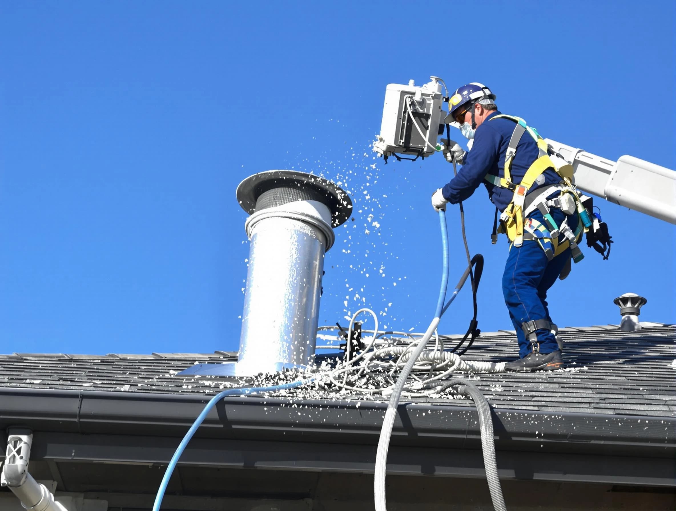 Dove Valley Dryer Vent Cleaning certified technician safely cleaning a roof-mounted dryer vent in Dove Valley